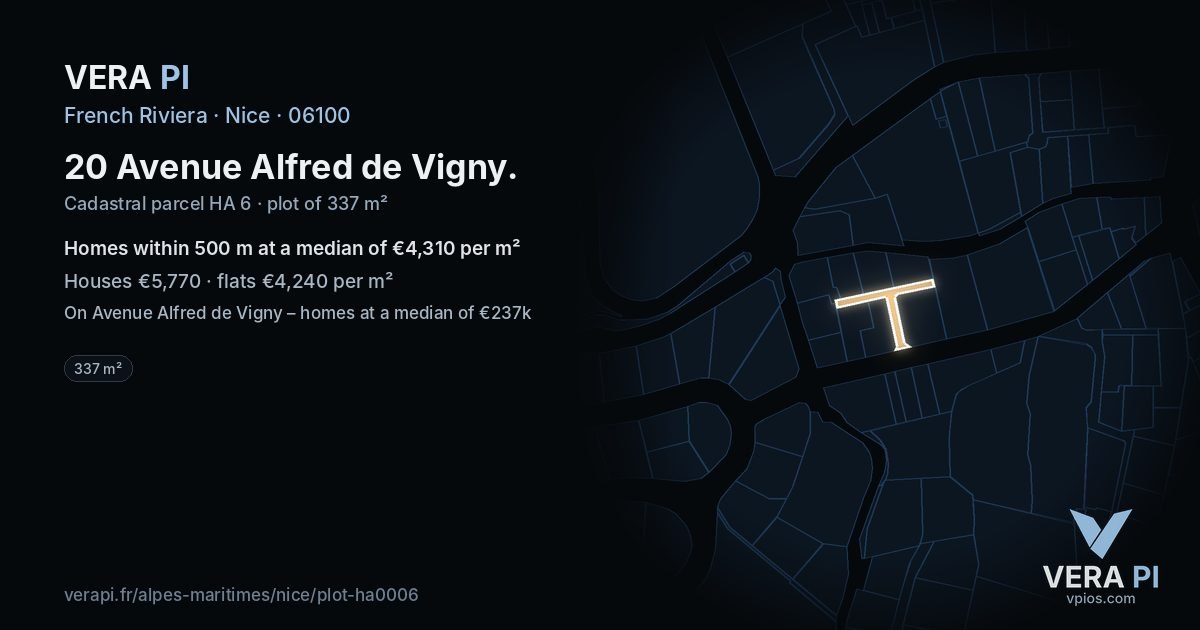 20 Avenue Alfred de Vigny, Nice at night – the plot lit, the parcels around coloured by the prices near them