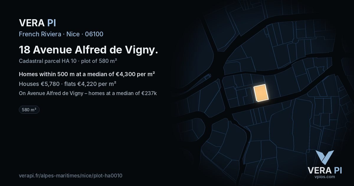 18 Avenue Alfred de Vigny, Nice at night – the plot lit, the parcels around coloured by the prices near them