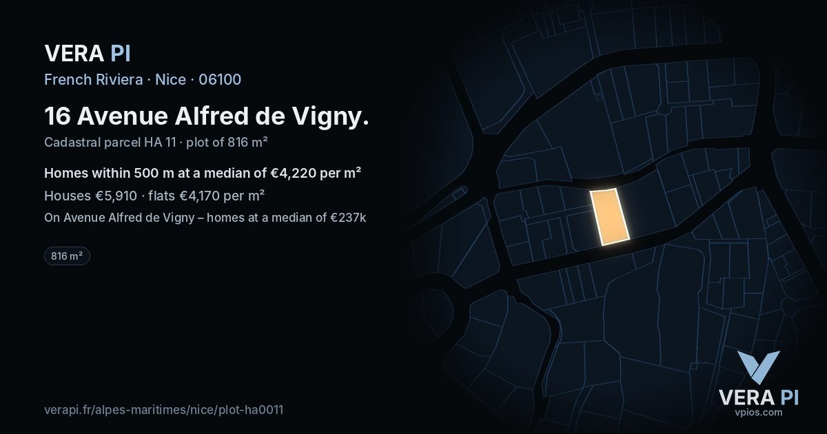 16 Avenue Alfred de Vigny, Nice at night – the plot lit, the parcels around coloured by the prices near them
