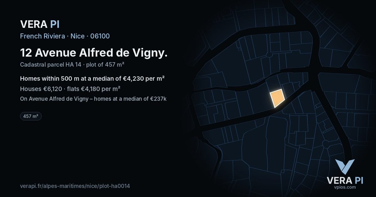 12 Avenue Alfred de Vigny, Nice at night – the plot lit, the parcels around coloured by the prices near them