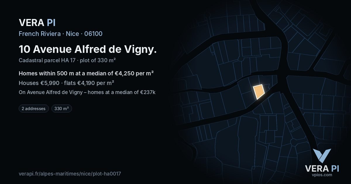 10 Avenue Alfred de Vigny, Nice at night – the plot lit, the parcels around coloured by the prices near them