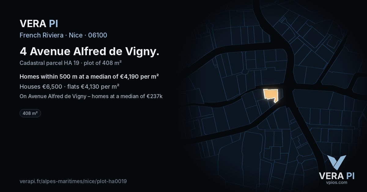 4 Avenue Alfred de Vigny, Nice at night – the plot lit, the parcels around coloured by the prices near them