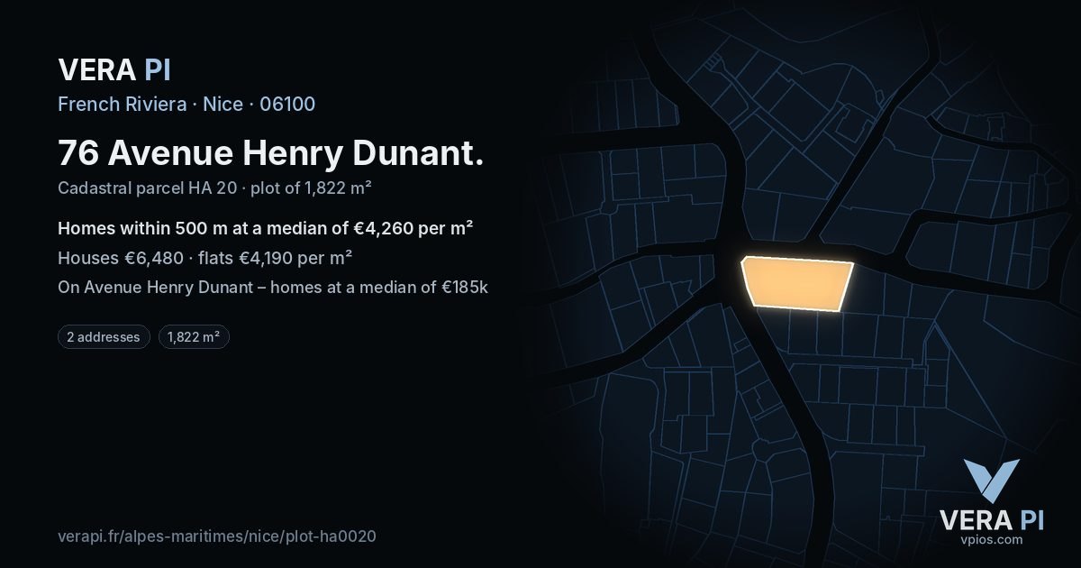 76 Avenue Henry Dunant, Nice at night – the plot lit, the parcels around coloured by the prices near them