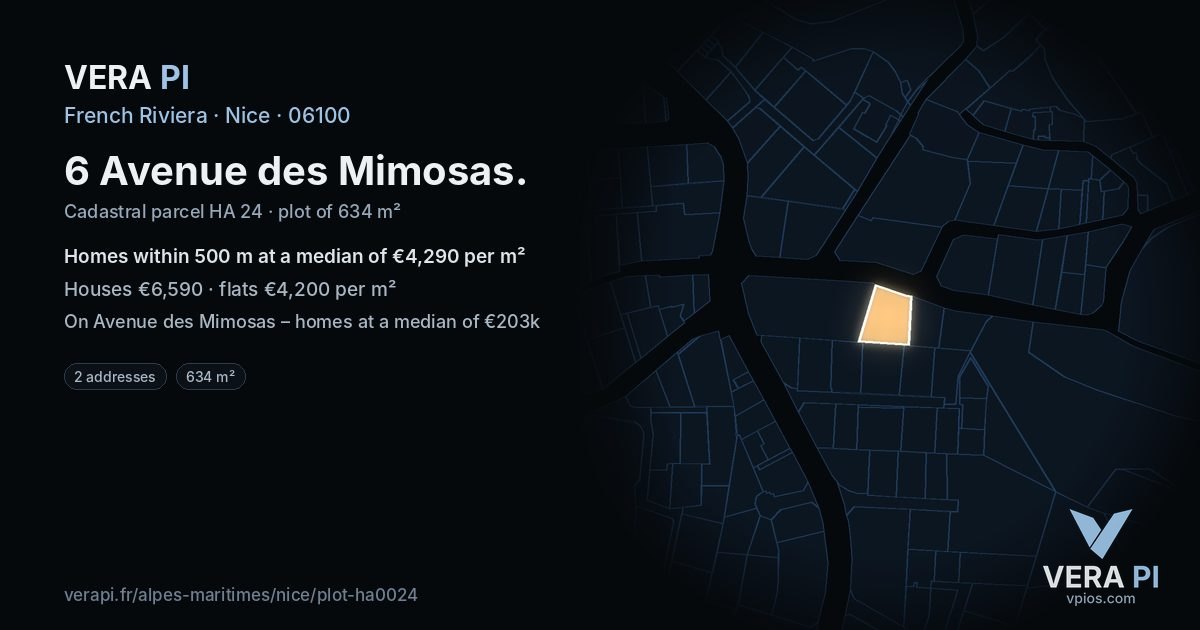 6 Avenue des Mimosas, Nice at night – the plot lit, the parcels around coloured by the prices near them