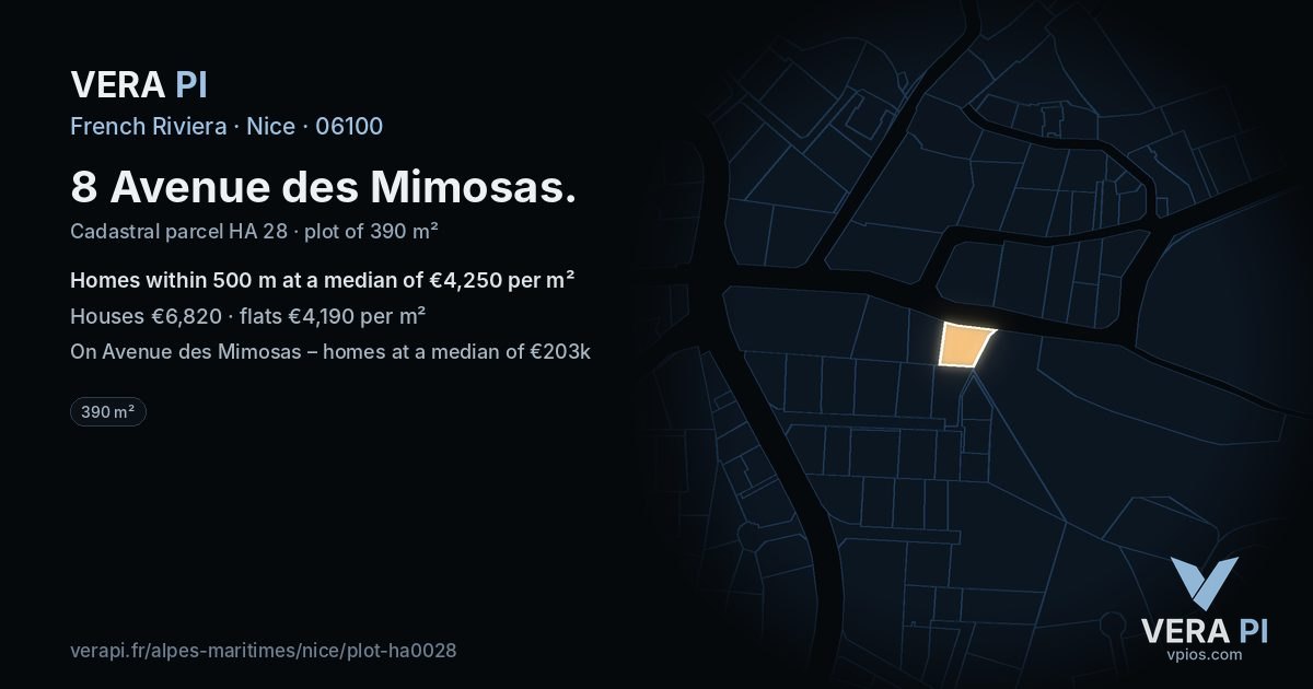 8 Avenue des Mimosas, Nice at night – the plot lit, the parcels around coloured by the prices near them