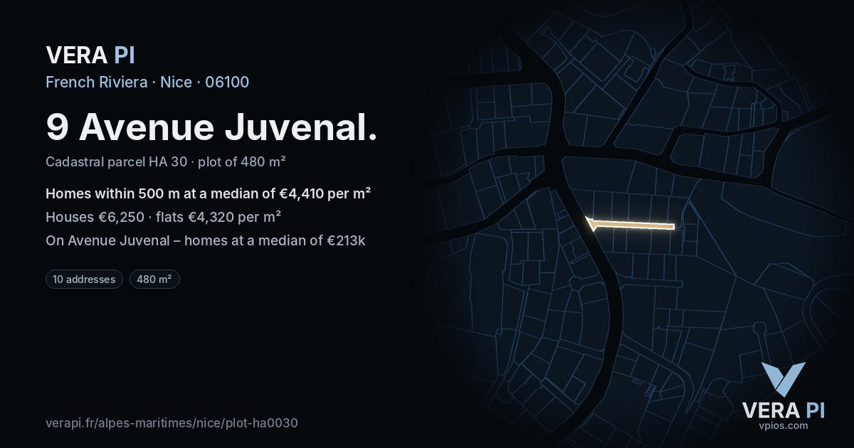 9 Avenue Juvenal, Nice at night – the plot lit, the parcels around coloured by the prices near them