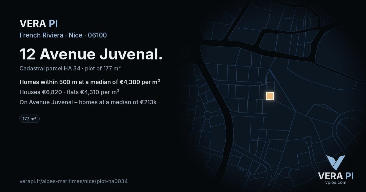 12 Avenue Juvenal, Nice at night – the plot lit, the parcels around coloured by the prices near them