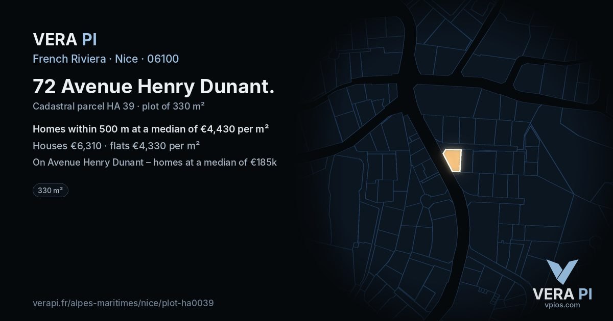 72 Avenue Henry Dunant, Nice at night – the plot lit, the parcels around coloured by the prices near them
