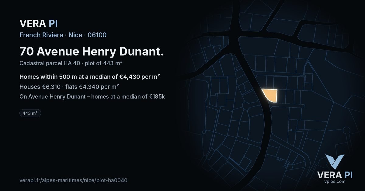 70 Avenue Henry Dunant, Nice at night – the plot lit, the parcels around coloured by the prices near them