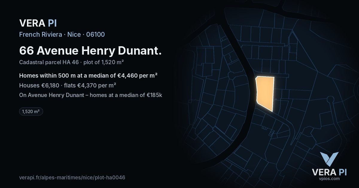 66 Avenue Henry Dunant, Nice at night – the plot lit, the parcels around coloured by the prices near them