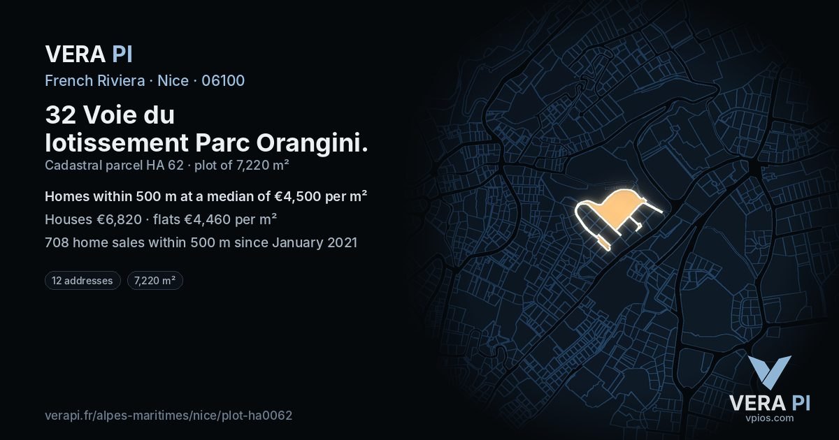 32 Voie du lotissement Parc Orangini, Nice at night – the plot lit, the parcels around coloured by the prices near them