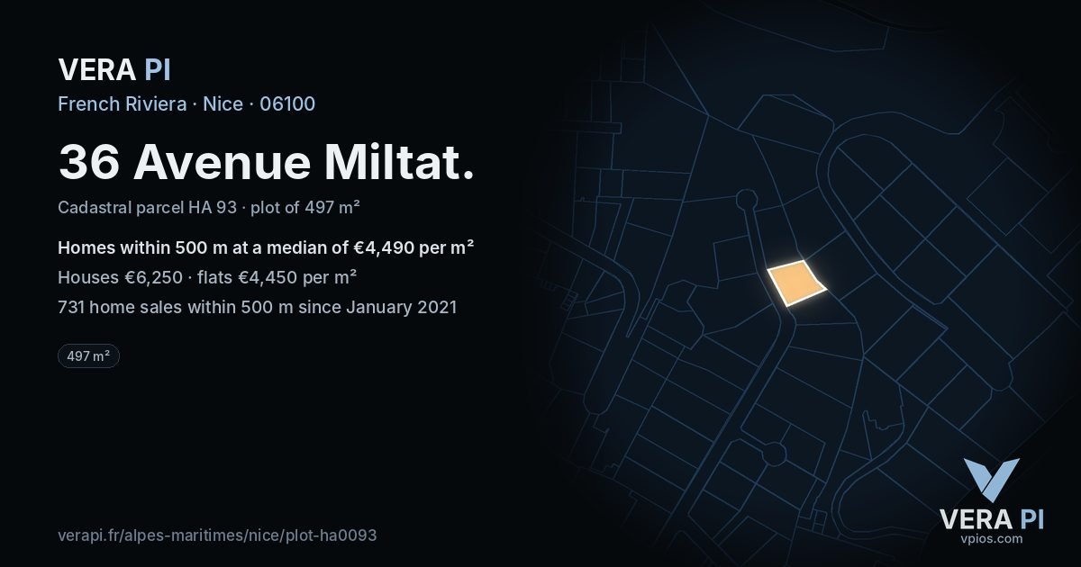 36 Avenue Miltat, Nice at night – the plot lit, the parcels around coloured by the prices near them