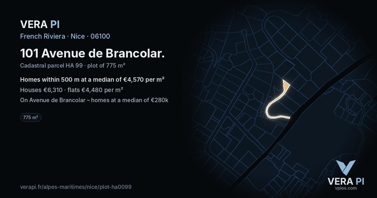 101 Avenue de Brancolar, Nice at night – the plot lit, the parcels around coloured by the prices near them
