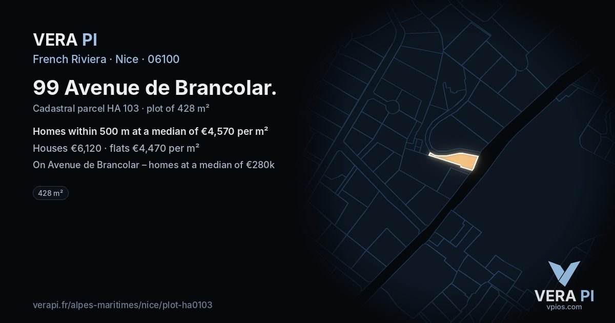 99 Avenue de Brancolar, Nice at night – the plot lit, the parcels around coloured by the prices near them