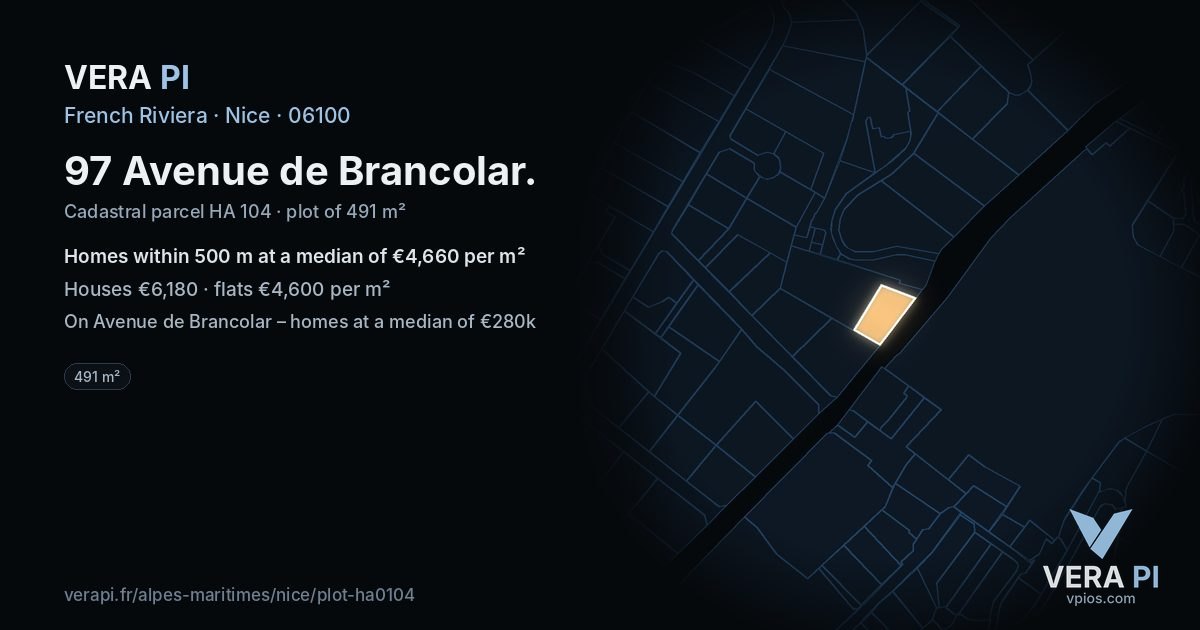 97 Avenue de Brancolar, Nice at night – the plot lit, the parcels around coloured by the prices near them
