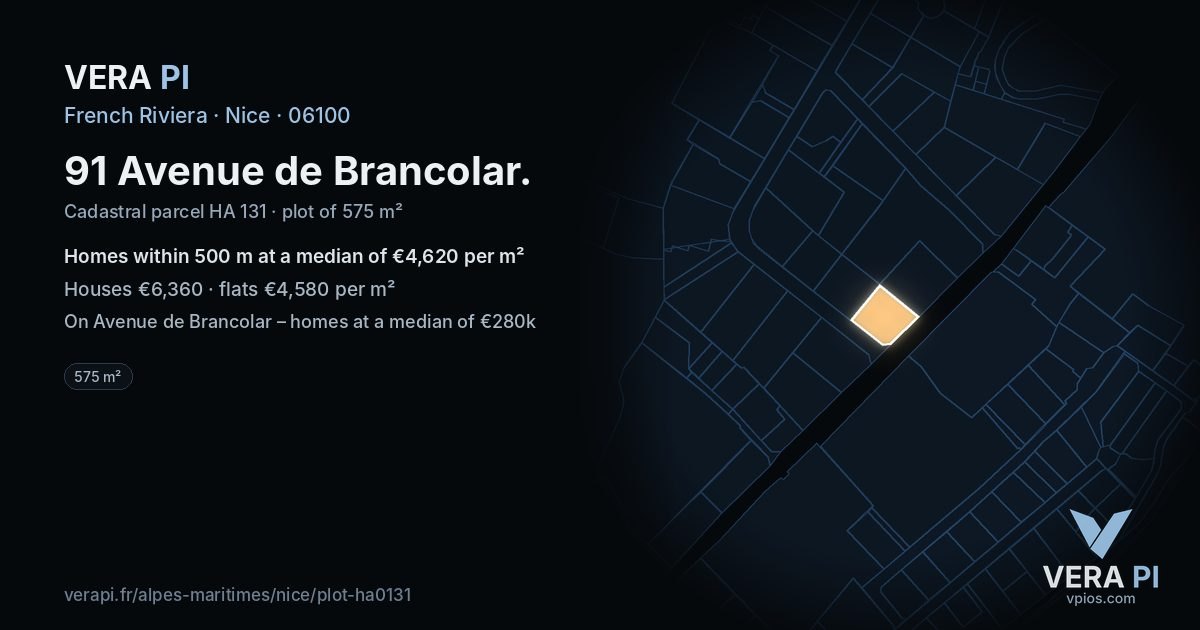 91 Avenue de Brancolar, Nice at night – the plot lit, the parcels around coloured by the prices near them