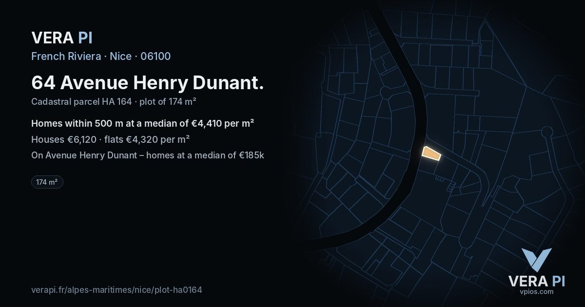 64 Avenue Henry Dunant, Nice at night – the plot lit, the parcels around coloured by the prices near them