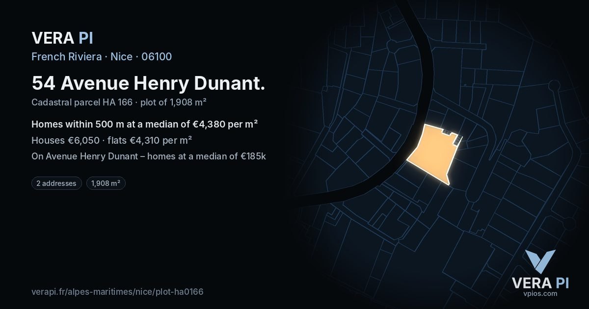 54 Avenue Henry Dunant, Nice at night – the plot lit, the parcels around coloured by the prices near them