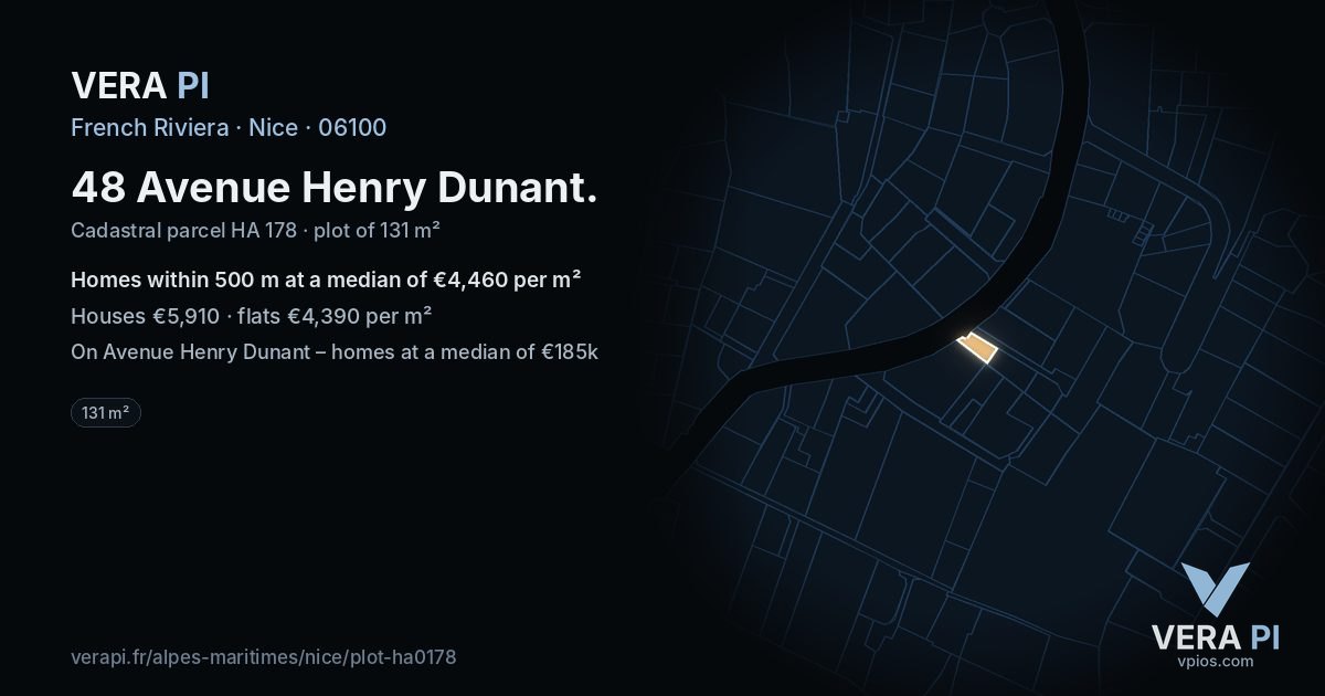 48 Avenue Henry Dunant, Nice at night – the plot lit, the parcels around coloured by the prices near them