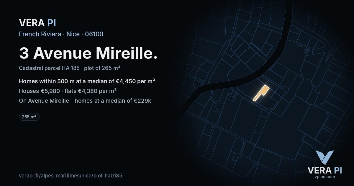 3 Avenue Mireille, Nice at night – the plot lit, the parcels around coloured by the prices near them
