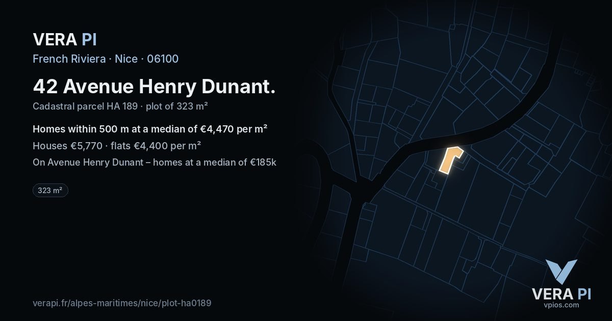 42 Avenue Henry Dunant, Nice at night – the plot lit, the parcels around coloured by the prices near them