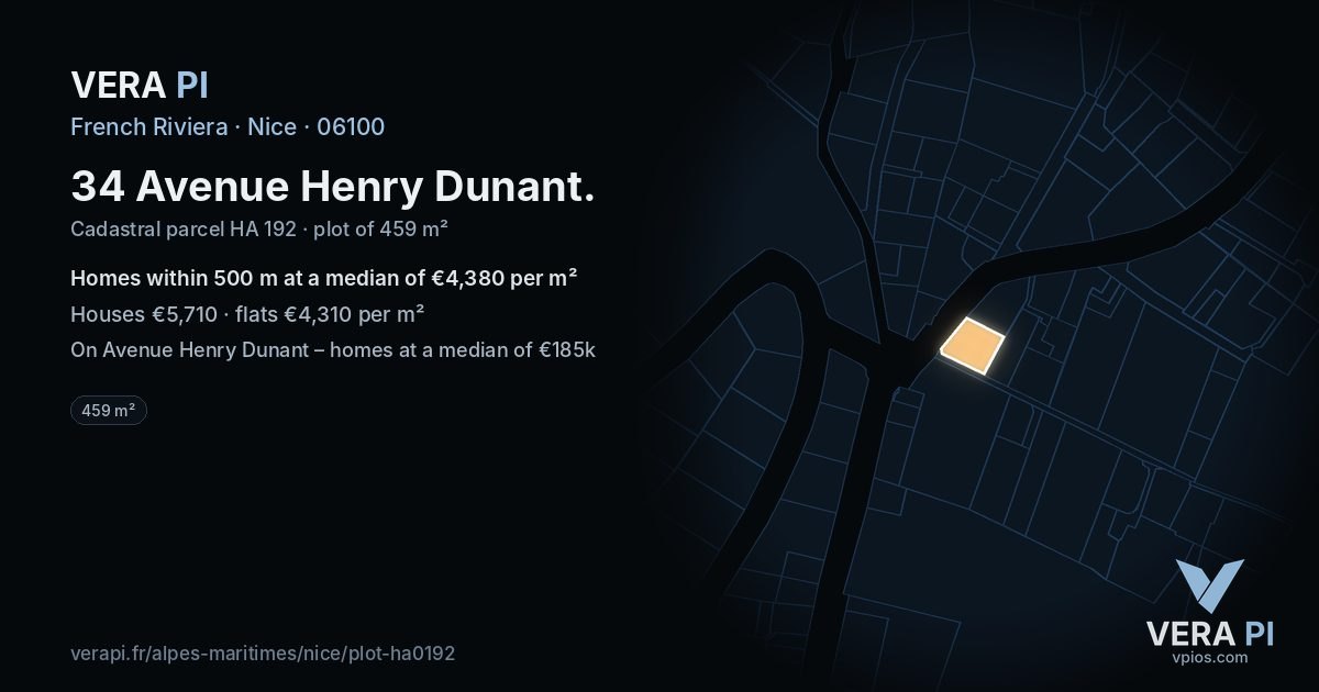 34 Avenue Henry Dunant, Nice at night – the plot lit, the parcels around coloured by the prices near them