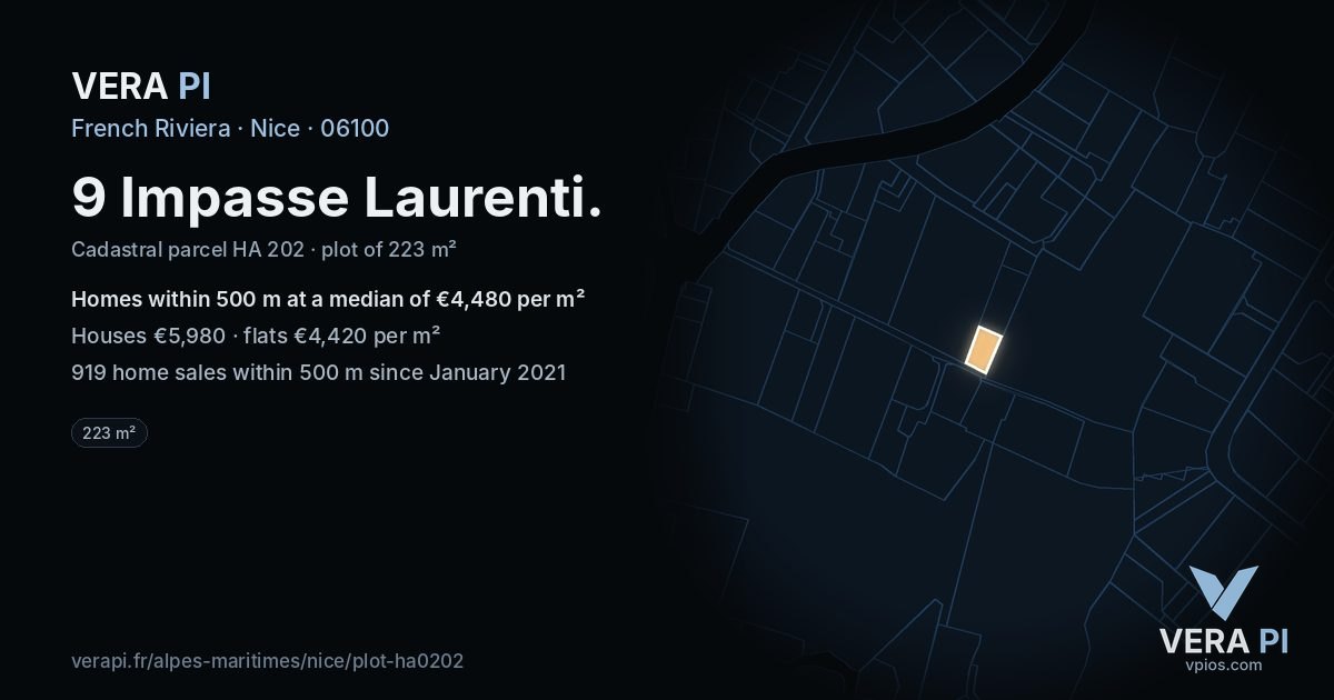 9 Impasse Laurenti, Nice at night – the plot lit, the parcels around coloured by the prices near them