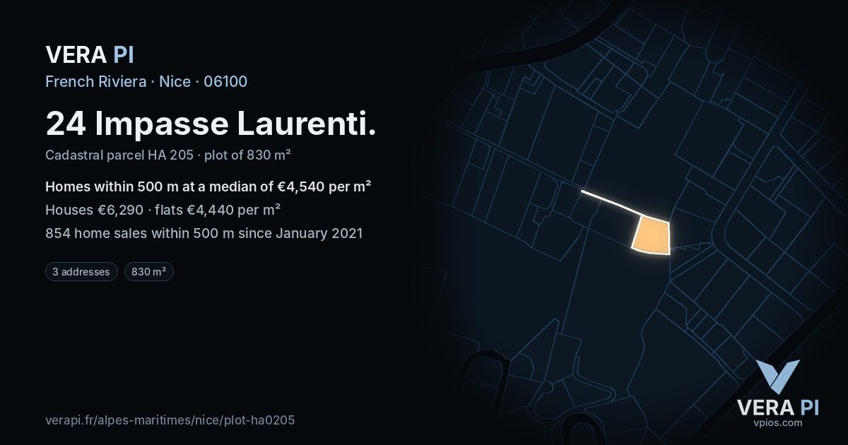 24 Impasse Laurenti, Nice at night – the plot lit, the parcels around coloured by the prices near them
