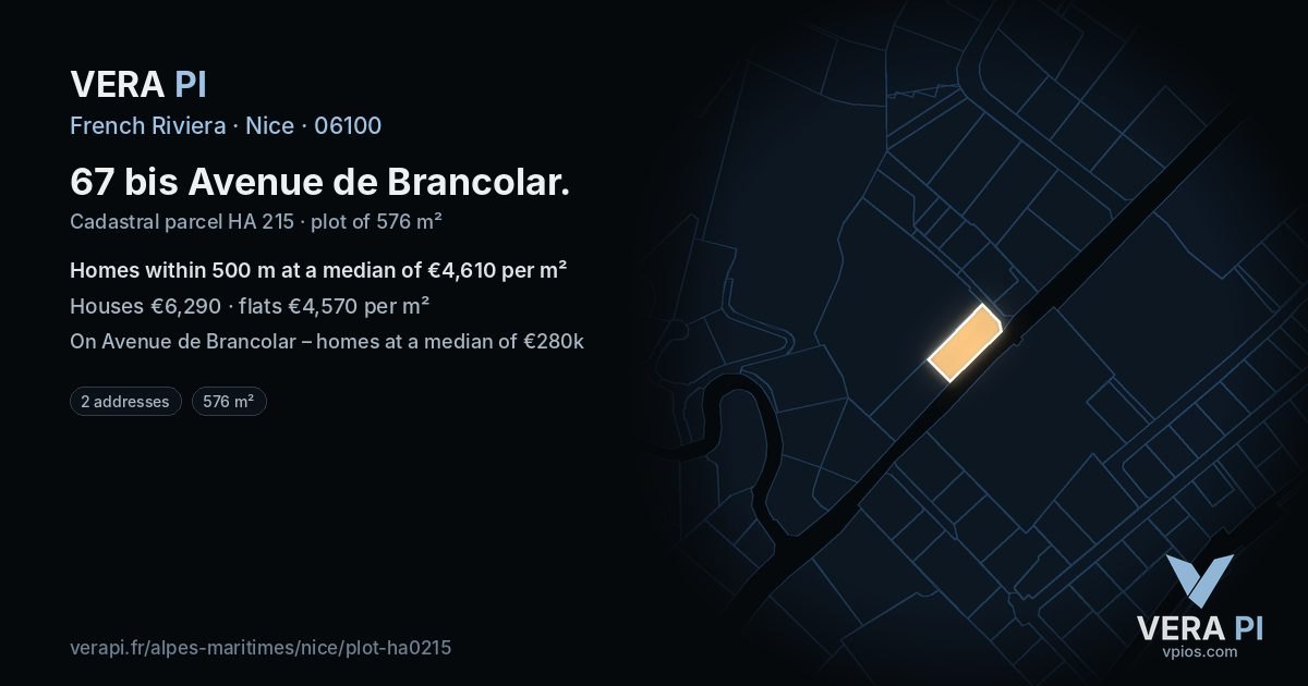 67 bis Avenue de Brancolar, Nice at night – the plot lit, the parcels around coloured by the prices near them