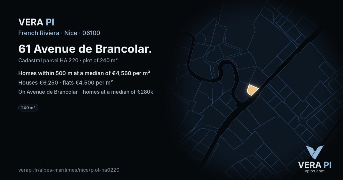 61 Avenue de Brancolar, Nice at night – the plot lit, the parcels around coloured by the prices near them