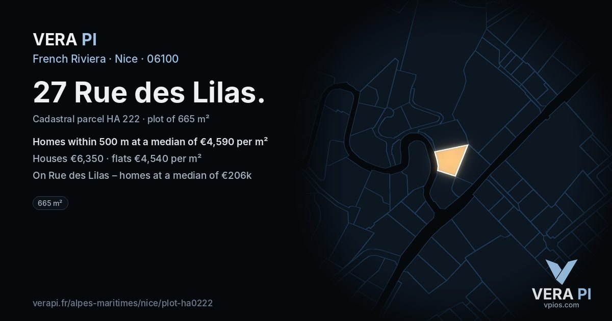 27 Rue des Lilas, Nice at night – the plot lit, the parcels around coloured by the prices near them