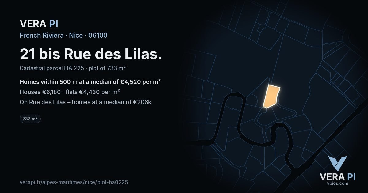 21 bis Rue des Lilas, Nice at night – the plot lit, the parcels around coloured by the prices near them