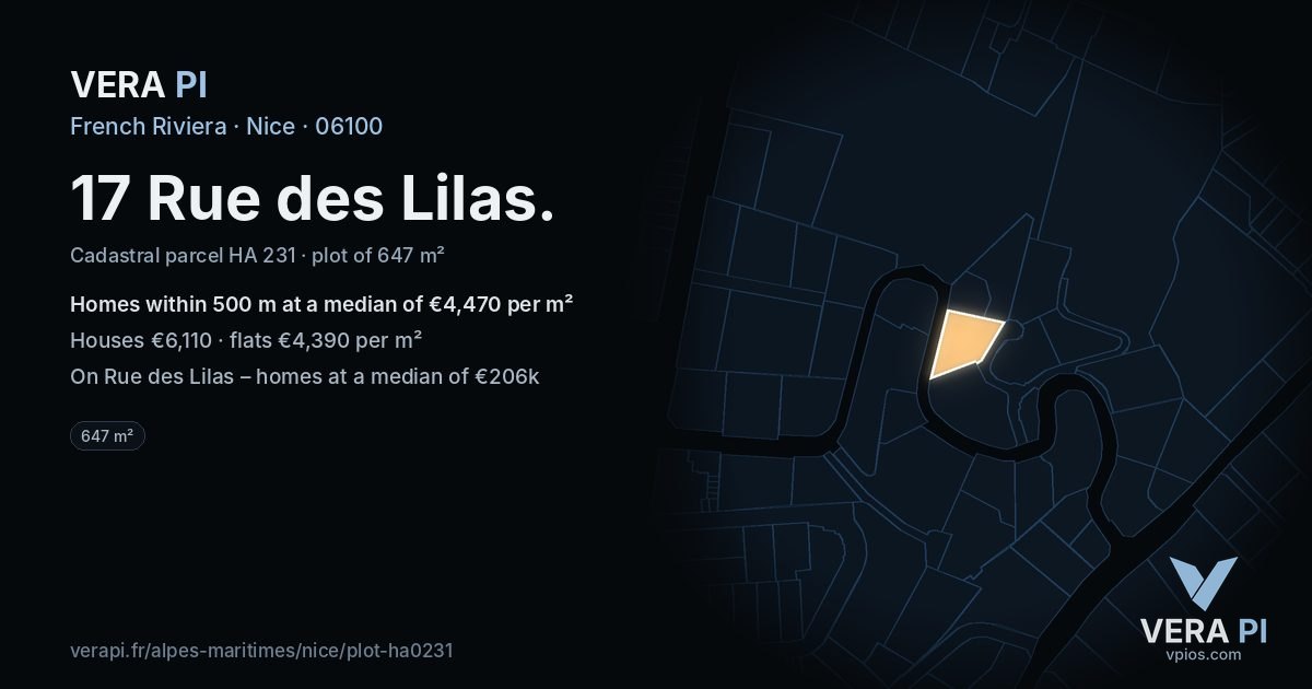 17 Rue des Lilas, Nice at night – the plot lit, the parcels around coloured by the prices near them