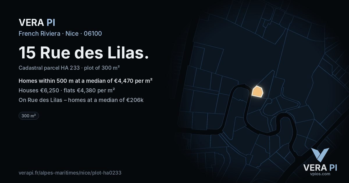 15 Rue des Lilas, Nice at night – the plot lit, the parcels around coloured by the prices near them