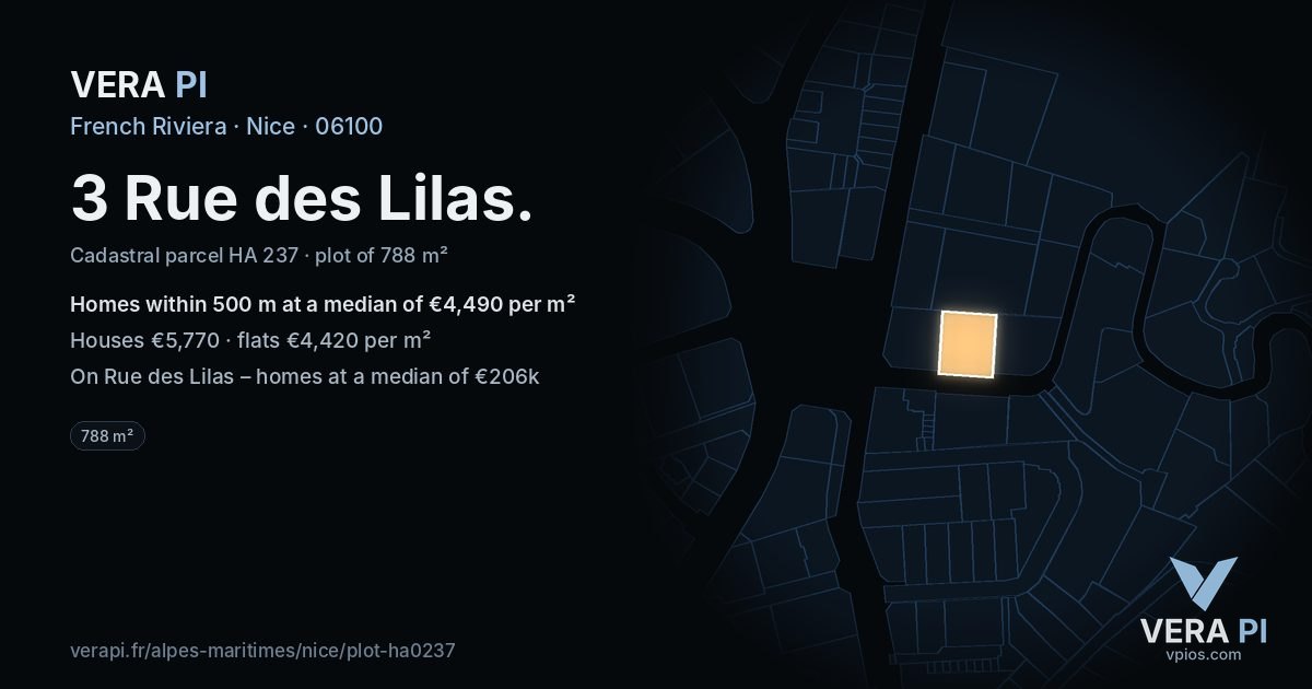 3 Rue des Lilas, Nice at night – the plot lit, the parcels around coloured by the prices near them