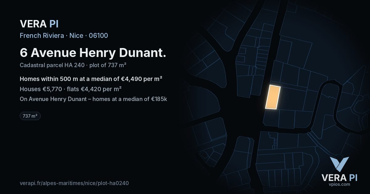 6 Avenue Henry Dunant, Nice at night – the plot lit, the parcels around coloured by the prices near them