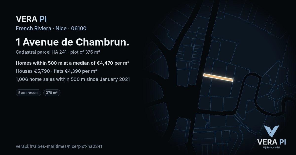 1 Avenue de Chambrun, Nice at night – the plot lit, the parcels around coloured by the prices near them