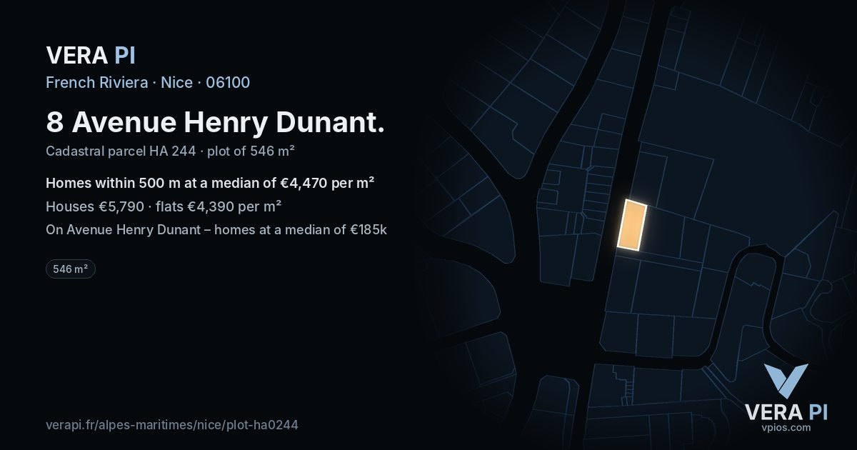 8 Avenue Henry Dunant, Nice at night – the plot lit, the parcels around coloured by the prices near them