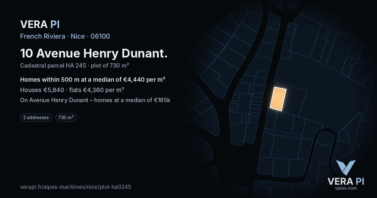 10 Avenue Henry Dunant, Nice at night – the plot lit, the parcels around coloured by the prices near them