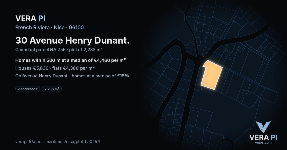 30 Avenue Henry Dunant, Nice at night – the plot lit, the parcels around coloured by the prices near them