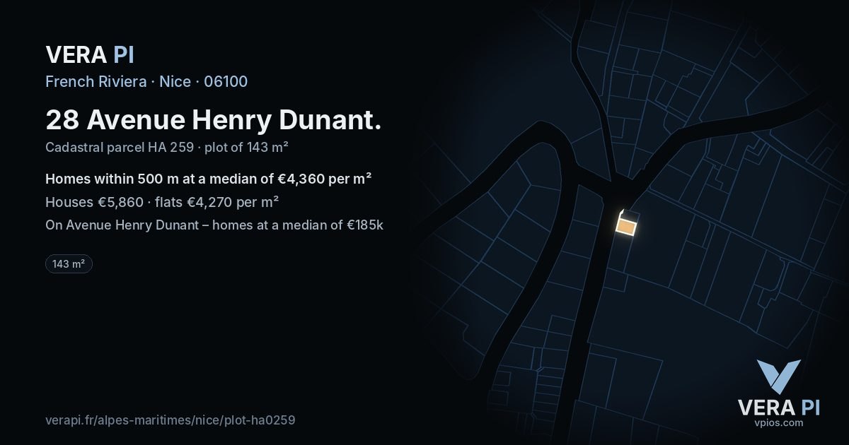 28 Avenue Henry Dunant, Nice at night – the plot lit, the parcels around coloured by the prices near them