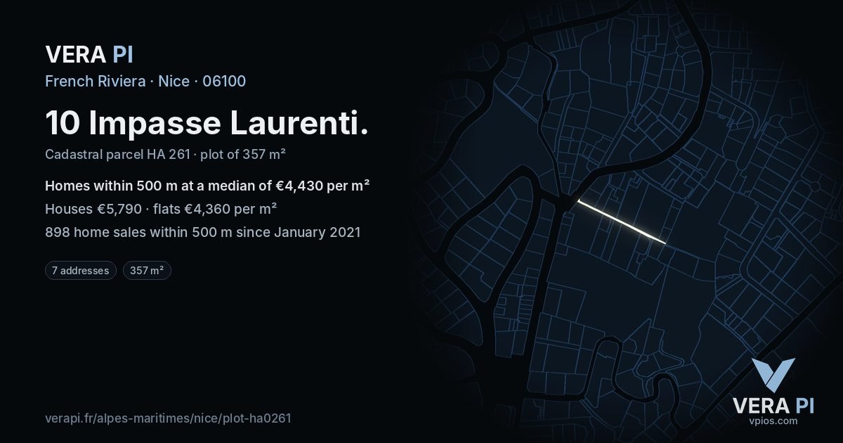 10 Impasse Laurenti, Nice at night – the plot lit, the parcels around coloured by the prices near them