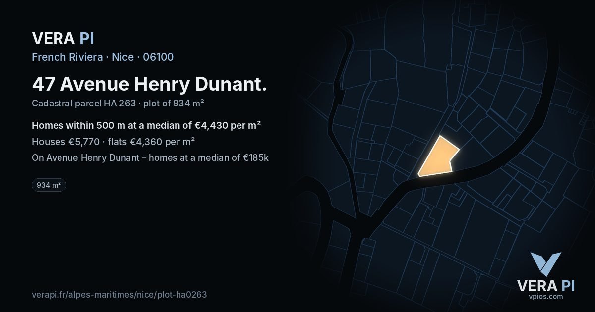47 Avenue Henry Dunant, Nice at night – the plot lit, the parcels around coloured by the prices near them