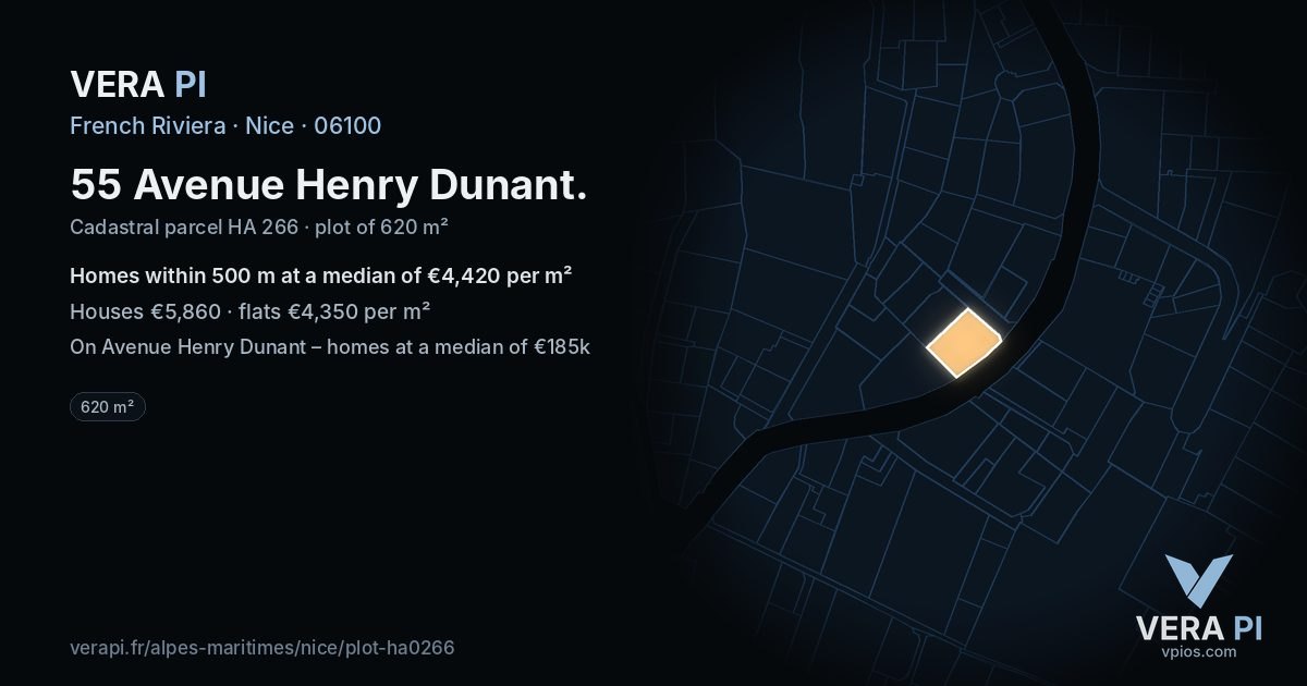 55 Avenue Henry Dunant, Nice at night – the plot lit, the parcels around coloured by the prices near them