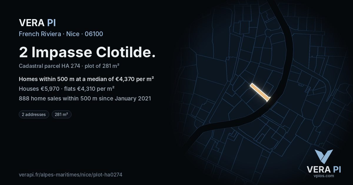2 Impasse Clotilde, Nice at night – the plot lit, the parcels around coloured by the prices near them