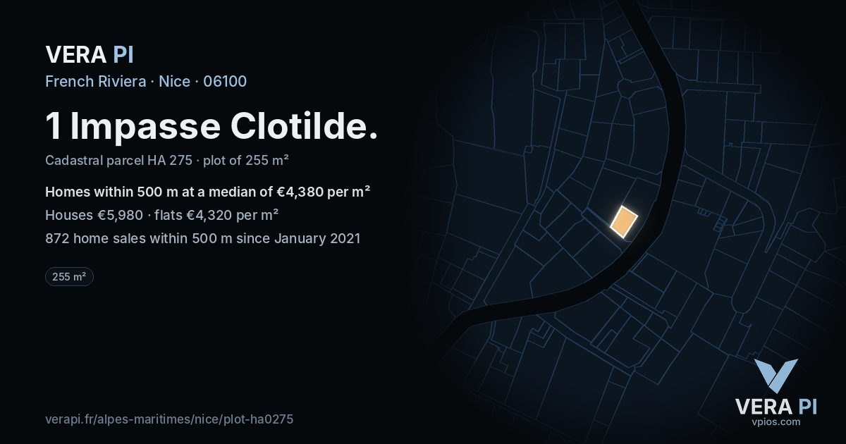 1 Impasse Clotilde, Nice at night – the plot lit, the parcels around coloured by the prices near them