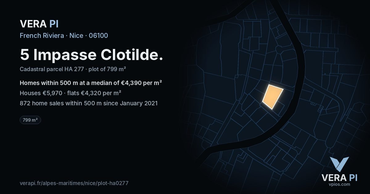 5 Impasse Clotilde, Nice at night – the plot lit, the parcels around coloured by the prices near them