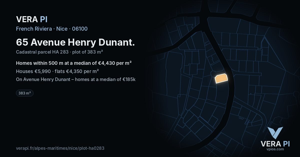 65 Avenue Henry Dunant, Nice at night – the plot lit, the parcels around coloured by the prices near them