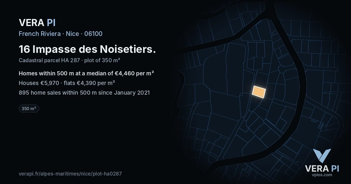 16 Impasse des Noisetiers, Nice at night – the plot lit, the parcels around coloured by the prices near them