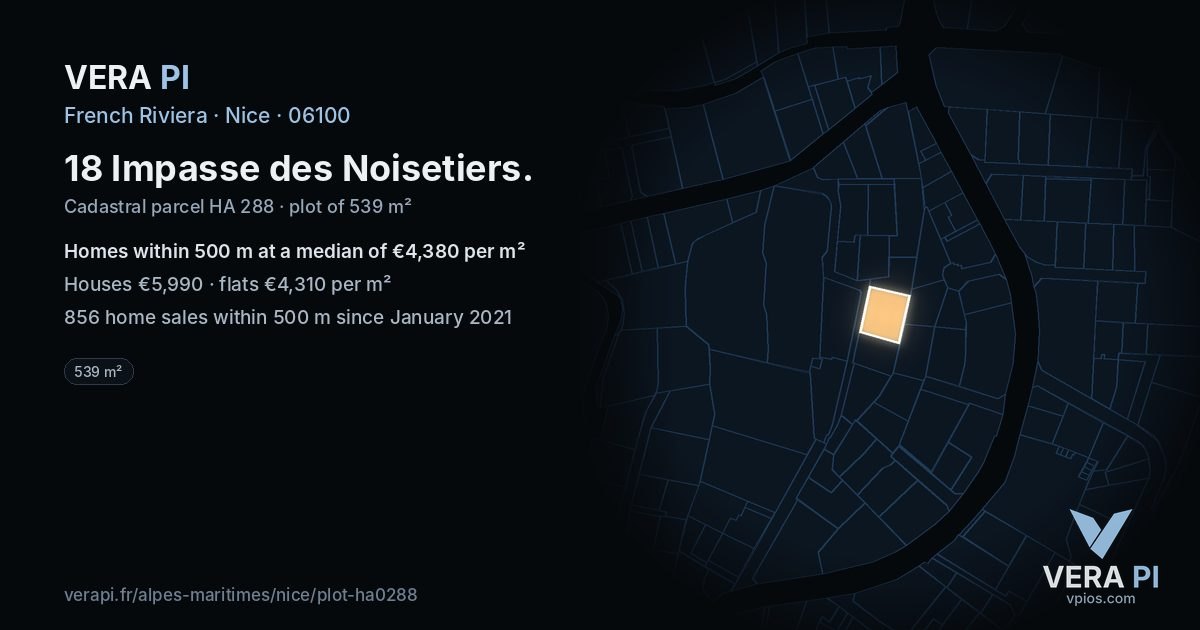 18 Impasse des Noisetiers, Nice at night – the plot lit, the parcels around coloured by the prices near them